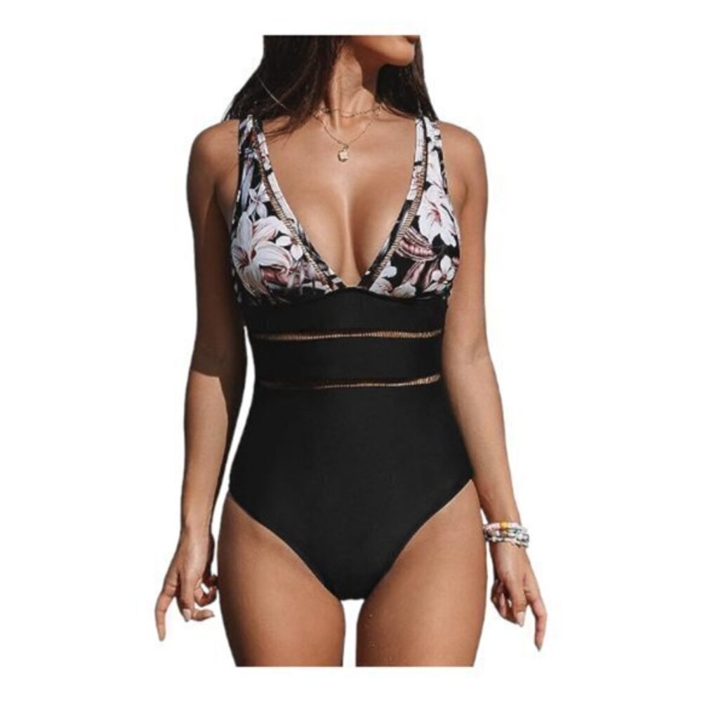 Women's V-Neck Low Back Floral Black Swimsuit Size Large NWT #0800